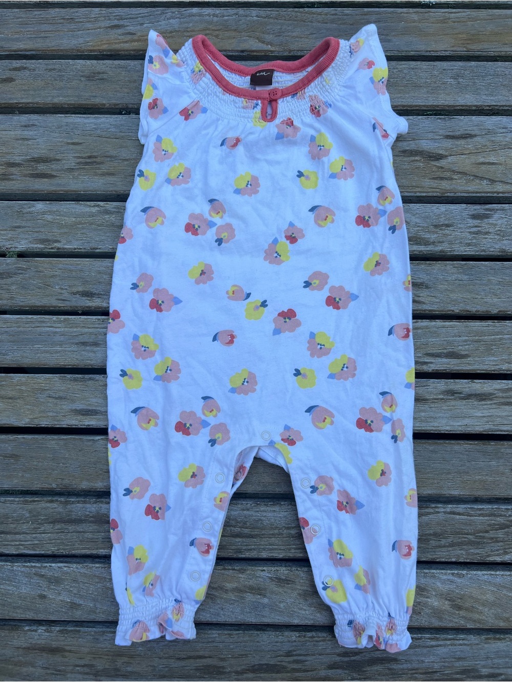 Tea Collection Girls White Floral One-Piece Romper with Coral Trim